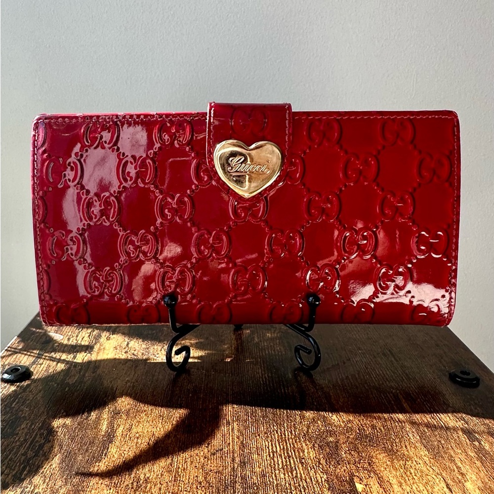 Gucci Red Patent Leather GG Guccissima Heart Wallet — Gold Accent - Picture 2 of 8